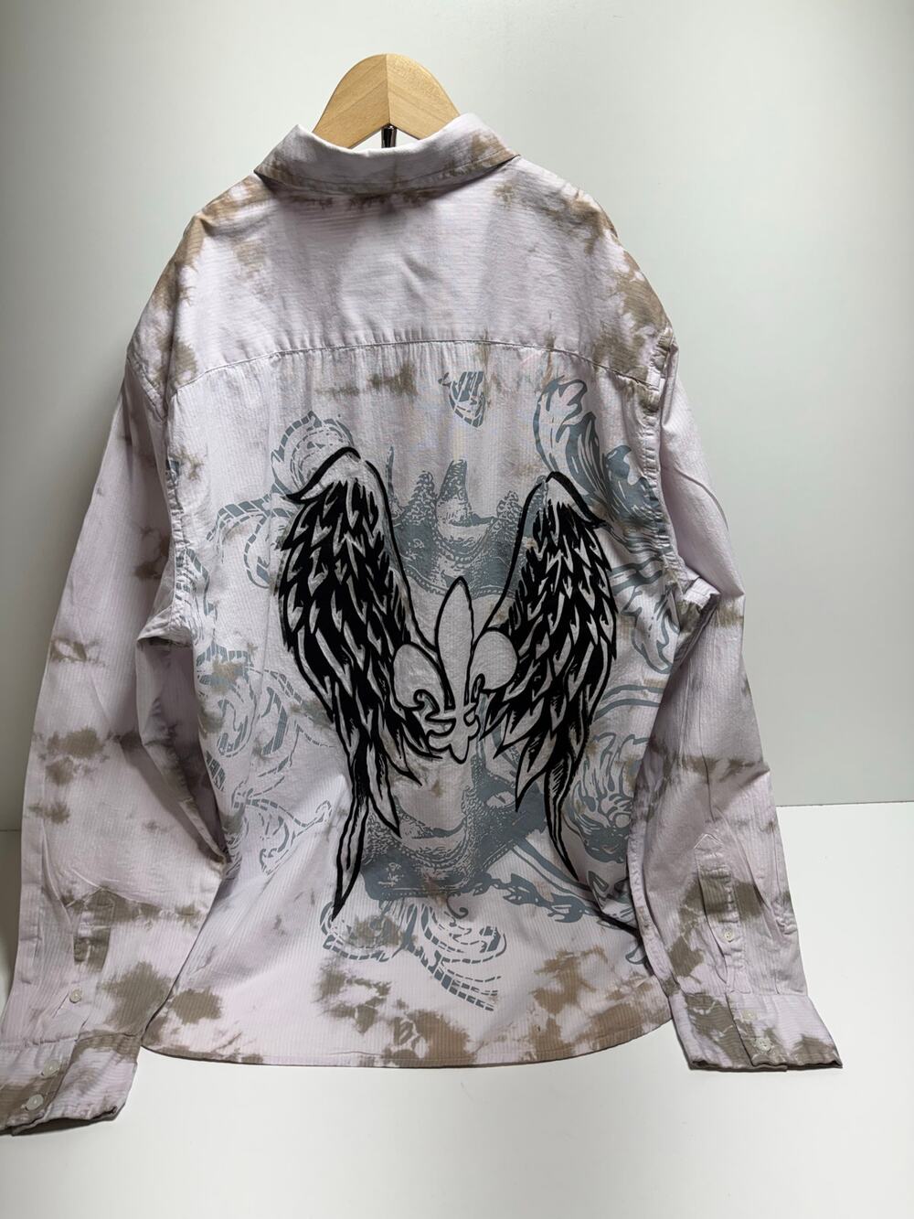 Helix Y2K Embroidered Button Down Shirt Cross Wings XLarge White Beige Black